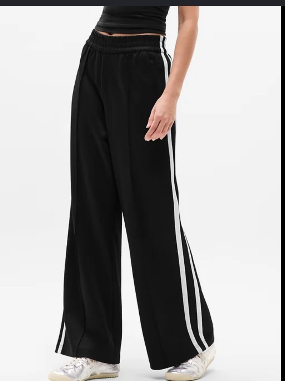 Athleta tempo mid rise Black Wide-Leg Track Pants with White Side Stripe